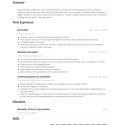 Journalism Resume Samples And Templates Journalist Journalists Objective Reporter Editing Examples Standard