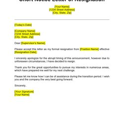 Outstanding Short Notice Resignation Letters Free Immediate Letter
