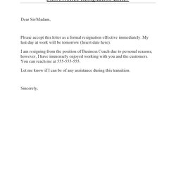 Superlative Short Notice Resignation Letters Free Letter