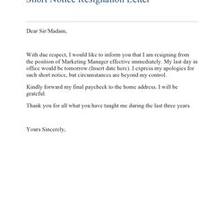 Admirable Short Notice Resignation Letters Free Letter