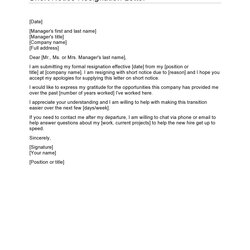 Superb Short Notice Resignation Letters Free Letter