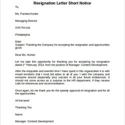 Preeminent Free Sample Resignation Letter Short Notice Templates In Ms Word Example Letters Template Time
