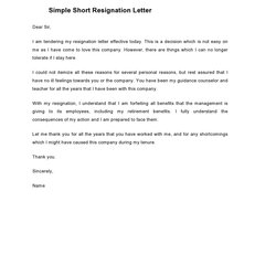 Cool Short Notice Resignation Letters Free Letter
