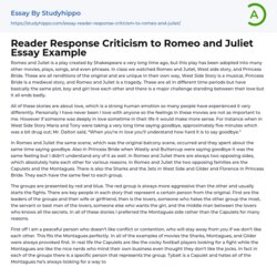 Excellent Reader Response Criticism To Romeo And Juliet Essay Example