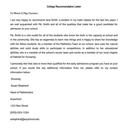 Spiffing Student Recommendation Letter Example Database Template Collection College Source