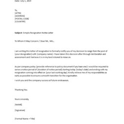 Brilliant Simple Resignation Notice Letter Template Word Templates At Format Basic Definition High Doc