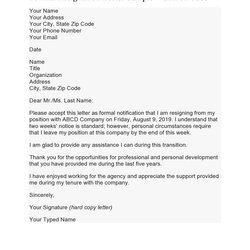 Exceptional Short Notice Resignation Letter Template