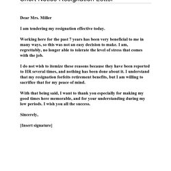 Brilliant Short Notice Resignation Letters Free Resign Letter