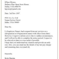 Superior Sample Resignation Letter With Notice Without Period Short Word
