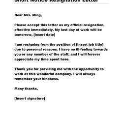 Short Notice Resignation Letters Free Letter Resign