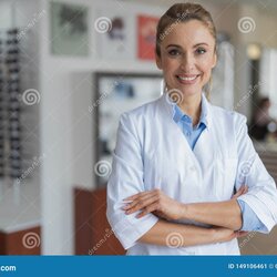 Peerless Cheerful Female Optician Standing At The Optical Store Stock Image Preview Waist Up Nice