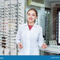 Superb Young Smiling Female Optician Offering Professional Help In Shop Stock