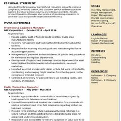 Matchless Logistics Manager Resume Samples Example Inventory Build