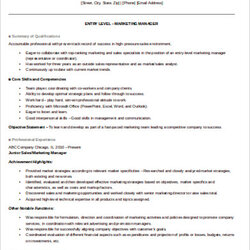 Matchless Free Entry Level Resume Objective Templates In Ms Word Sample Marketing Job