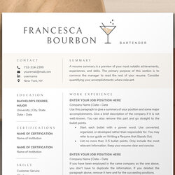 Fantastic Bartender Resume Template Word Apple Pages Mac Hospitality