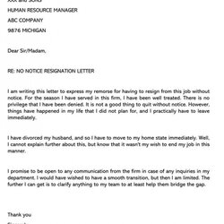 Brilliant No Notice Resignation Letter Resign Immediate Sample Email Example
