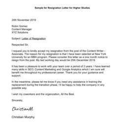 Matchless Resignation Letter For Higher Studies Format Samples Leverage Sample