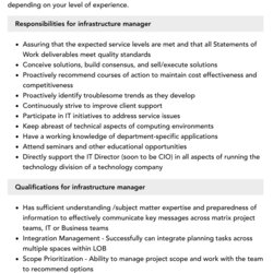Superb Infrastructure Manager Job Description Velvet Jobs