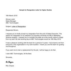 Magnificent Resignation Letter For Higher Studies Format Samples Leverage Sample