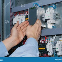 Electrician Specialist Checking Low Voltage Cabinet Equipment Stock Preview Photo Male Electrical Technician