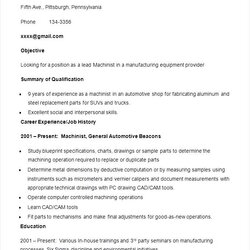 Great Sample Machinist Resume Template Free Samples Examples Format