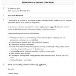 Perfect Media Relations Specialist Cover Letter Velvet Jobs