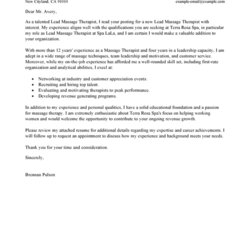 Outstanding Free Lead Massage Therapist Cover Letter Examples Templates From Spa Letters Example Salon