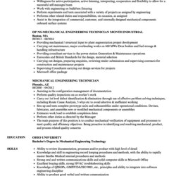 Standard Resume Format For Mechanical Engineers Technician Engineer Sample Engineering